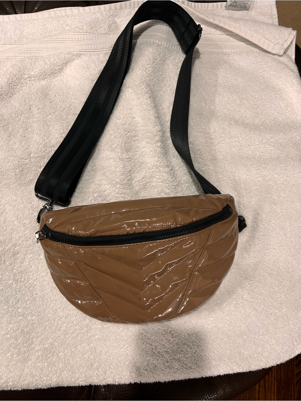 THINK ROYLN Brown Quilted Patent Crossbody Belt Bag with Black Strap